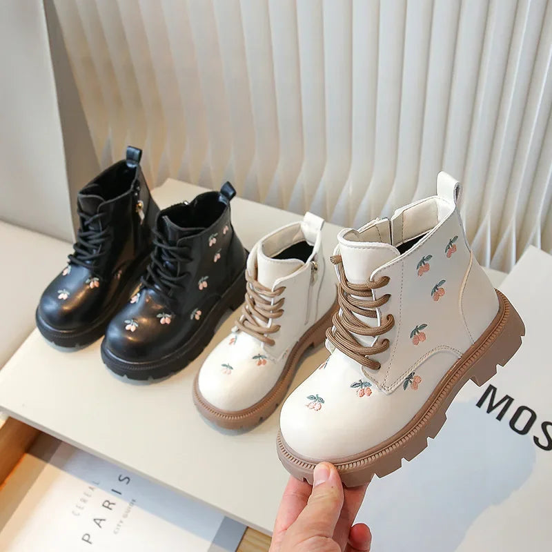 Girls Ankle Boots - Embroidered Leather Fashion Boots With Zip Closure - ZOOMNSTORE