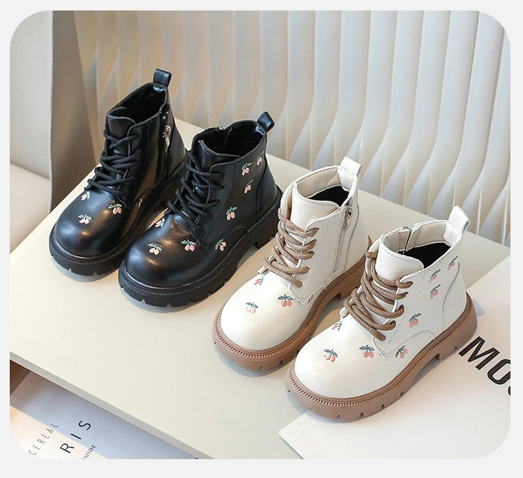 Girls Ankle Boots - Embroidered Leather Fashion Boots With Zip Closure - ZOOMNSTORE