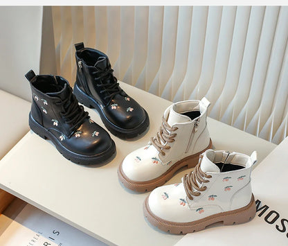 Girls Ankle Boots - Embroidered Leather Fashion Boots With Zip Closure - ZOOMNSTORE