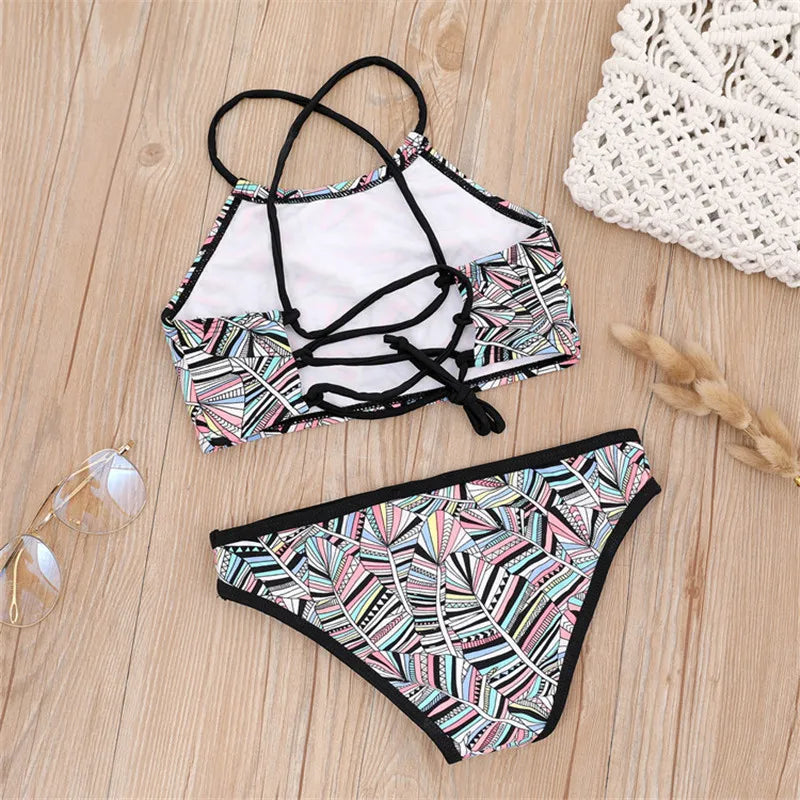 Girls Bikini Set - Floral Print Kids Swimwear Two Piece Adjustable Strap Summer Bathing Suit - ZOOMNSTORE