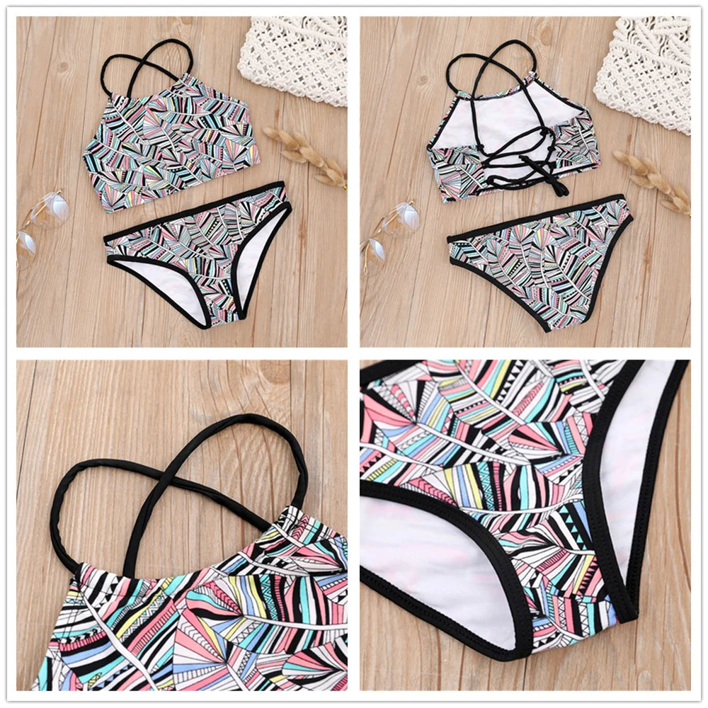 Girls Bikini Set - Floral Print Kids Swimwear Two Piece Adjustable Strap Summer Bathing Suit - ZOOMNSTORE