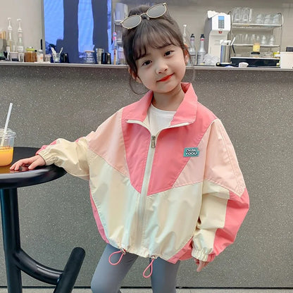 Girls Colorblocked Baseball Trench Jacket - Spring Autumn Casual Outerwear Ages 2-10 - ZOOMNSTORE