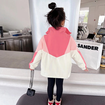 Girls Colorblocked Baseball Trench Jacket - Spring Autumn Casual Outerwear Ages 2-10 - ZOOMNSTORE