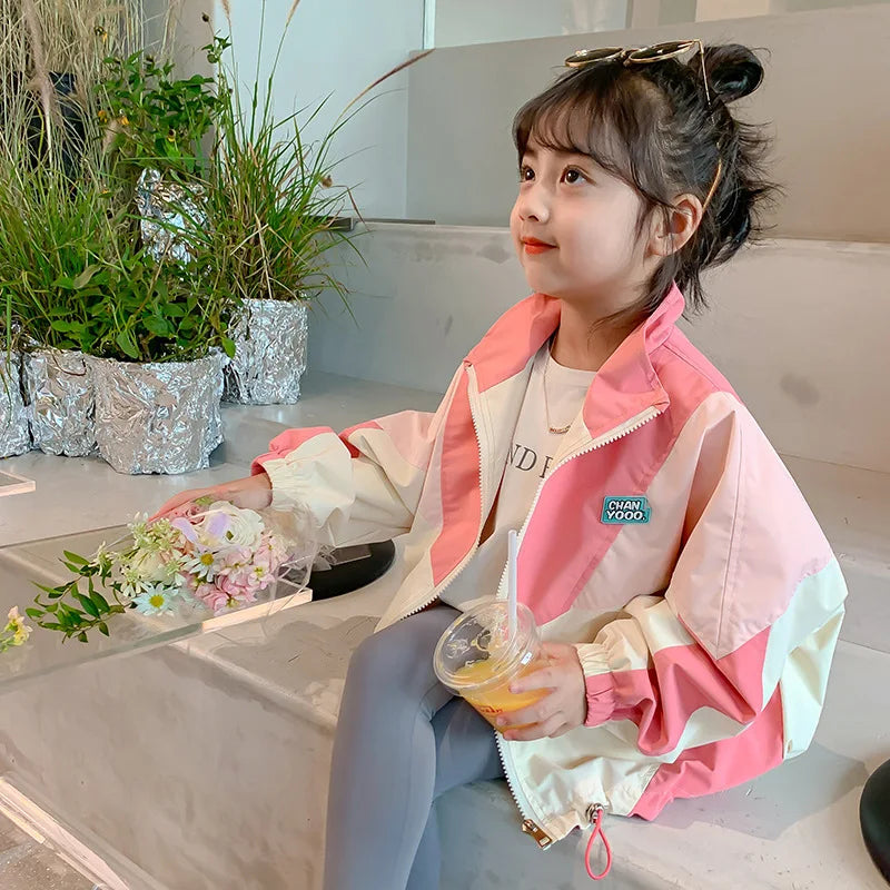 Girls Colorblocked Baseball Trench Jacket - Spring Autumn Casual Outerwear Ages 2-10 - ZOOMNSTORE