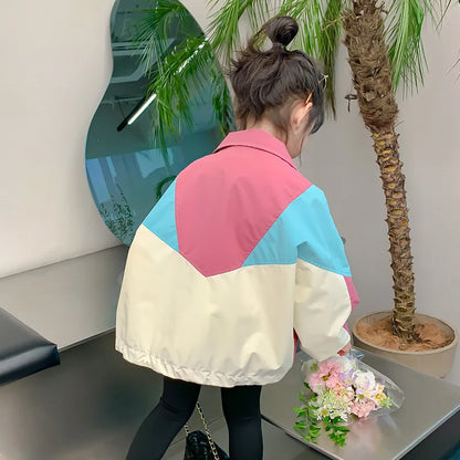 Girls Colorblocked Baseball Trench Jacket - Spring Autumn Casual Outerwear Ages 2-10 - ZOOMNSTORE
