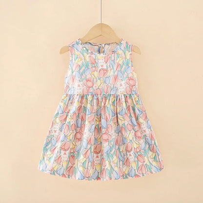 Girls Cotton Summer Dress - Sleeveless Floral Princess Party Outfit - ZOOMNSTORE