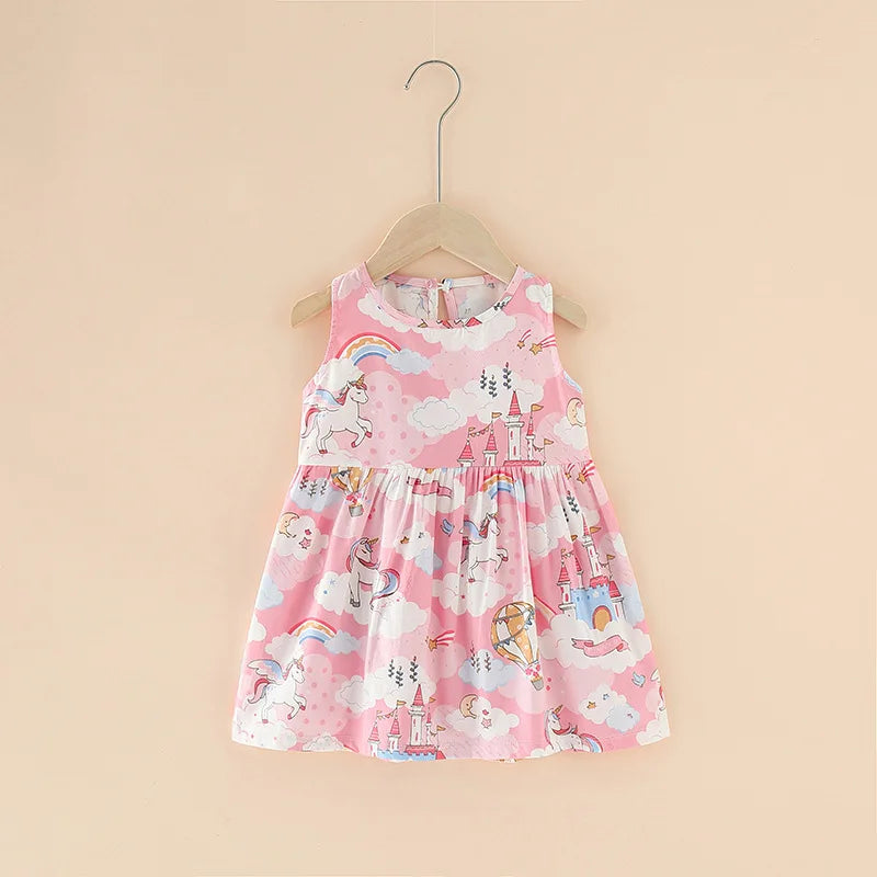 Girls Cotton Summer Dress - Sleeveless Floral Princess Party Outfit - ZOOMNSTORE