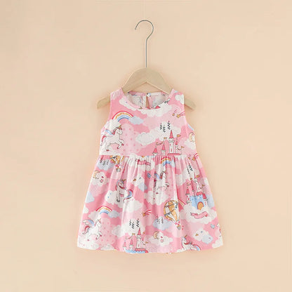 Girls Cotton Summer Dress - Sleeveless Floral Princess Party Outfit - ZOOMNSTORE