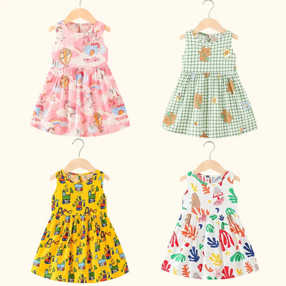 Girls Cotton Summer Dress - Sleeveless Floral Princess Party Outfit - ZOOMNSTORE