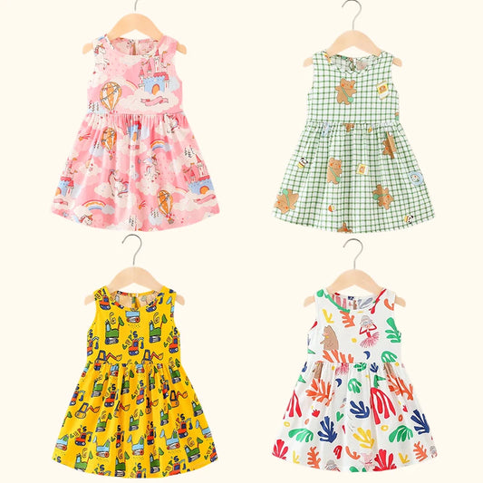 Girls Cotton Summer Dress - Sleeveless Floral Princess Party Outfit - ZOOMNSTORE