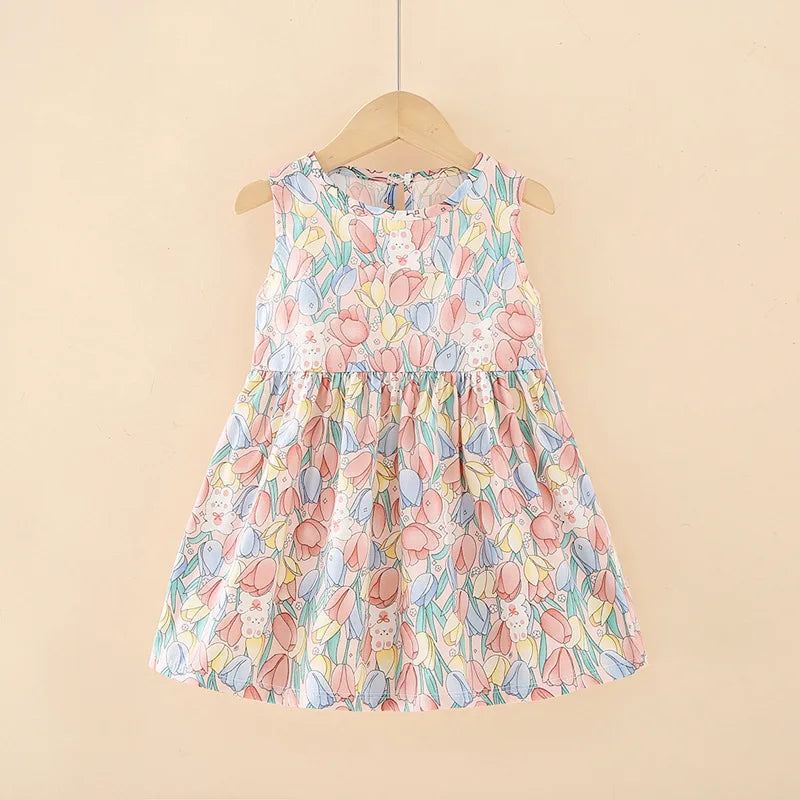 Girls Cotton Summer Dress - Sleeveless Floral Princess Party Outfit - ZOOMNSTORE