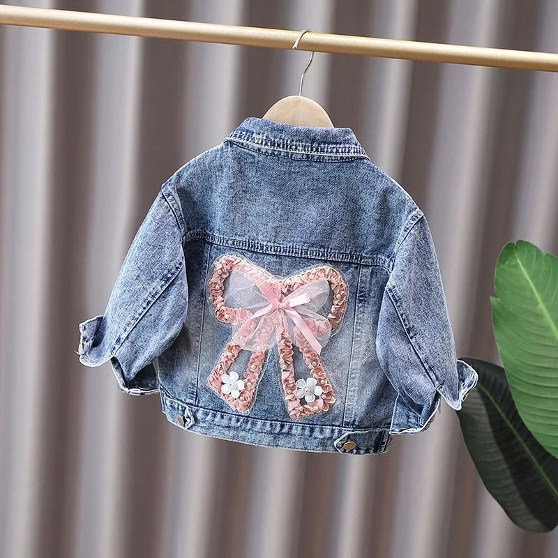 Girls Denim Jacket - Cute Rabbit Lace Bow Design Kids Jean Coat - ZOOMNSTORE
