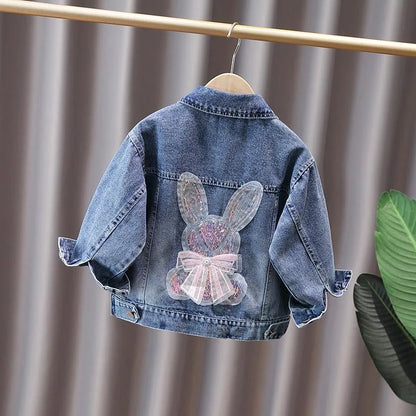 Girls Denim Jacket - Cute Rabbit Lace Bow Design Kids Jean Coat - ZOOMNSTORE
