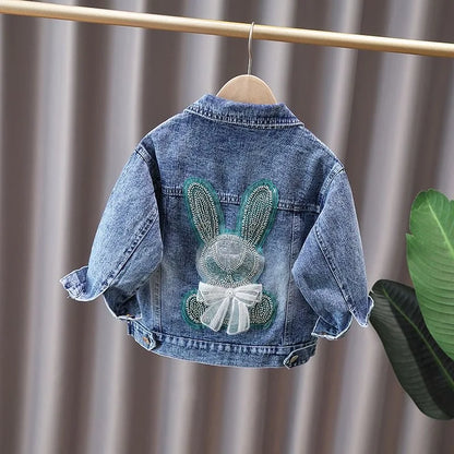 Girls Denim Jacket - Cute Rabbit Lace Bow Design Kids Jean Coat - ZOOMNSTORE