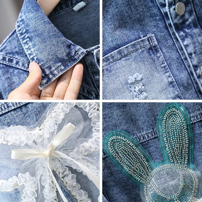 Girls Denim Jacket - Cute Rabbit Lace Bow Design Kids Jean Coat - ZOOMNSTORE