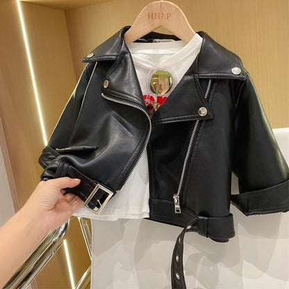 Girls Leather Jacket - Kids Casual Outerwear With Zipper Closure | Fashion Short Lapel Coat - ZOOMNSTORE