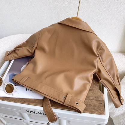 Girls Leather Jacket - Kids Casual Outerwear With Zipper Closure | Fashion Short Lapel Coat - ZOOMNSTORE