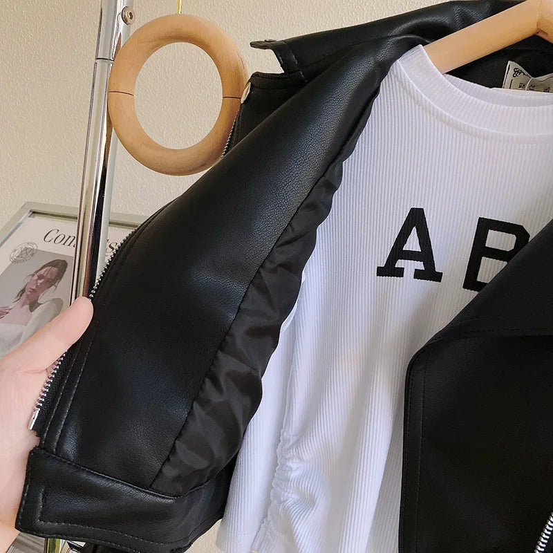 Girls Leather Jacket - Kids Casual Outerwear With Zipper Closure | Fashion Short Lapel Coat - ZOOMNSTORE