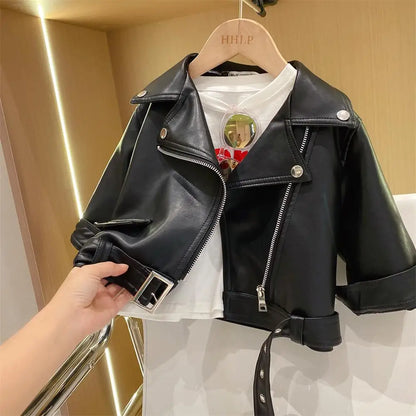 Girls Leather Jacket - Kids Casual Outerwear With Zipper Closure | Fashion Short Lapel Coat - ZOOMNSTORE