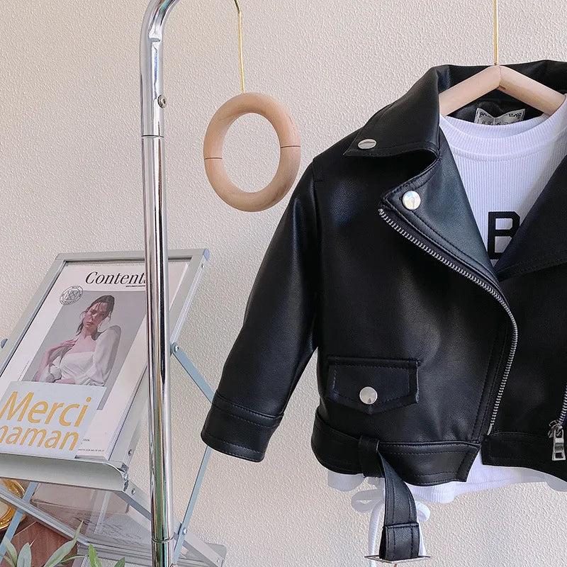 Girls Leather Jacket - Kids Casual Outerwear With Zipper Closure | Fashion Short Lapel Coat - ZOOMNSTORE