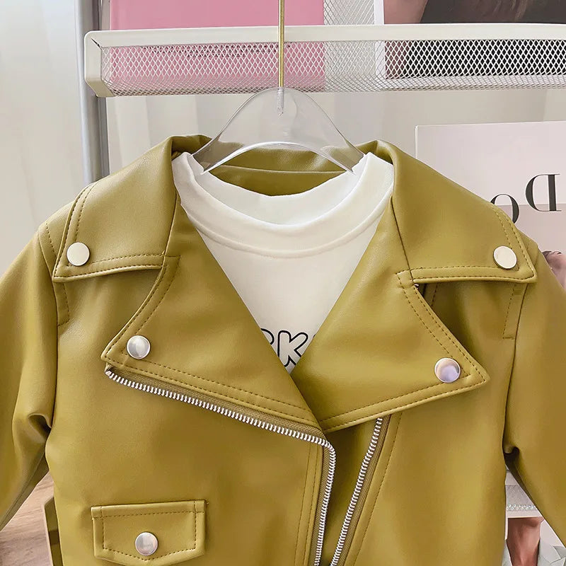 Girls Leather Jacket - Kids Casual Outerwear With Zipper Closure | Fashion Short Lapel Coat - ZOOMNSTORE