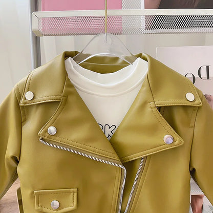 Girls Leather Jacket - Kids Casual Outerwear With Zipper Closure | Fashion Short Lapel Coat - ZOOMNSTORE