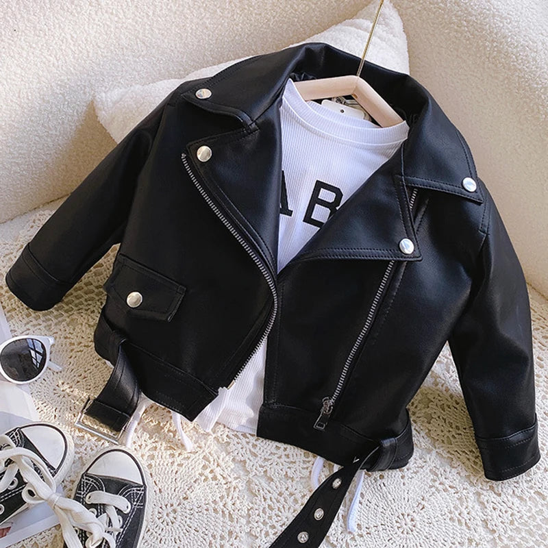 Girls Leather Jacket - Kids Casual Outerwear With Zipper Closure | Fashion Short Lapel Coat - ZOOMNSTORE