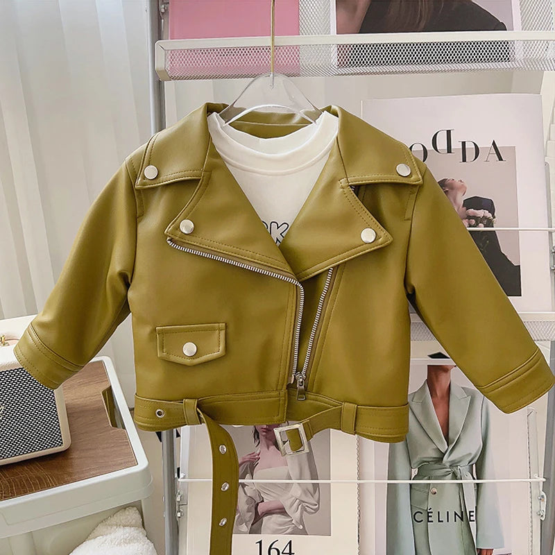 Girls Leather Jacket - Kids Casual Outerwear With Zipper Closure | Fashion Short Lapel Coat - ZOOMNSTORE
