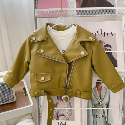 Girls Leather Jacket - Kids Casual Outerwear With Zipper Closure | Fashion Short Lapel Coat - ZOOMNSTORE