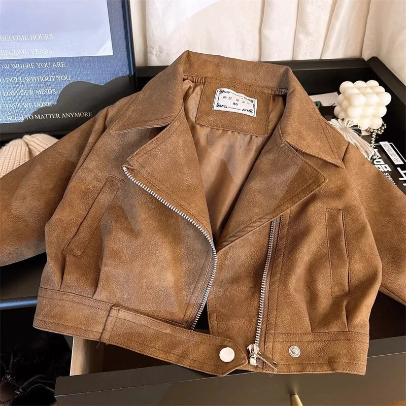 Girls Leather Jacket - Spring Autumn Stain Resistant Outerwear Ages 2-8 - ZOOMNSTORE