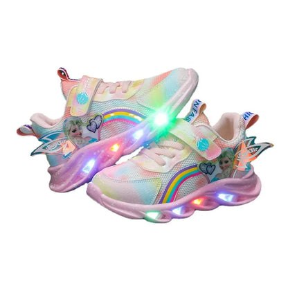 Disney Princess Elsa Sneakers - Girls LED Light Up Sports Shoes Breathable Mesh Pink Purple Sizes 22-37 - ZOOMNSTORE
