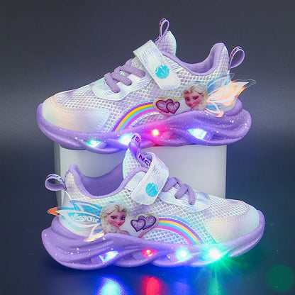 Disney Princess Elsa Sneakers - Girls LED Light Up Sports Shoes Breathable Mesh Pink Purple Sizes 22-37 - ZOOMNSTORE