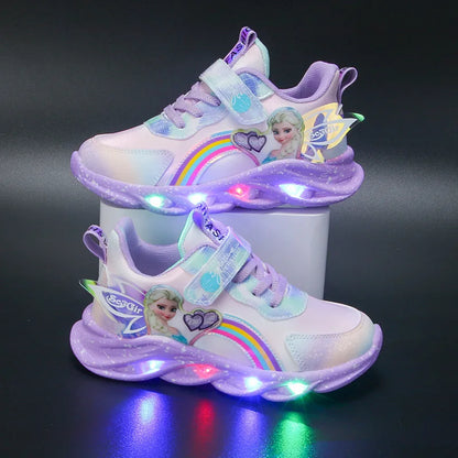 Disney Princess Elsa Sneakers - Girls LED Light Up Sports Shoes Breathable Mesh Pink Purple Sizes 22-37 - ZOOMNSTORE