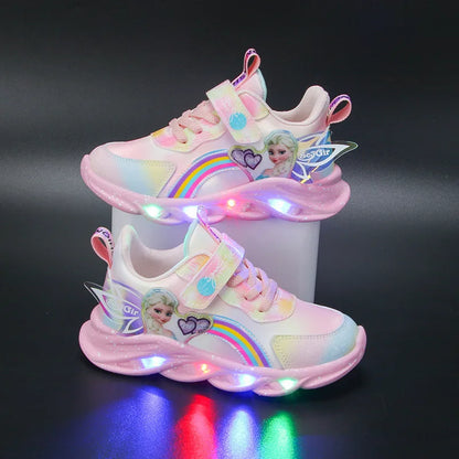 Disney Princess Elsa Sneakers - Girls LED Light Up Sports Shoes Breathable Mesh Pink Purple Sizes 22-37 - ZOOMNSTORE
