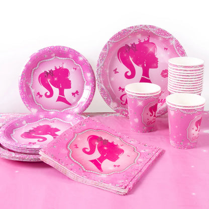 Pink Princess Party Tableware Set - Disposable Plates Cups  Napkins for Girls Birthday or Baby Shower - ZOOMNSTORE
