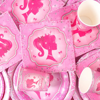 Pink Princess Party Tableware Set - Disposable Plates Cups  Napkins for Girls Birthday or Baby Shower - ZOOMNSTORE