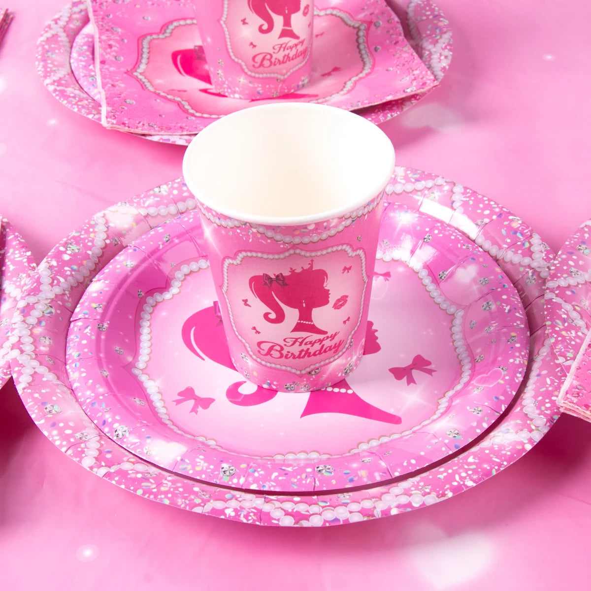 Pink Princess Party Tableware Set - Disposable Plates Cups  Napkins for Girls Birthday or Baby Shower - ZOOMNSTORE