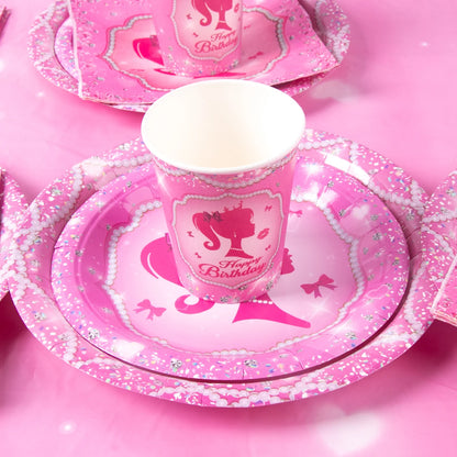 Pink Princess Party Tableware Set - Disposable Plates Cups  Napkins for Girls Birthday or Baby Shower - ZOOMNSTORE