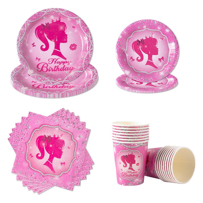 Pink Princess Party Tableware Set - Disposable Plates Cups  Napkins for Girls Birthday or Baby Shower - ZOOMNSTORE