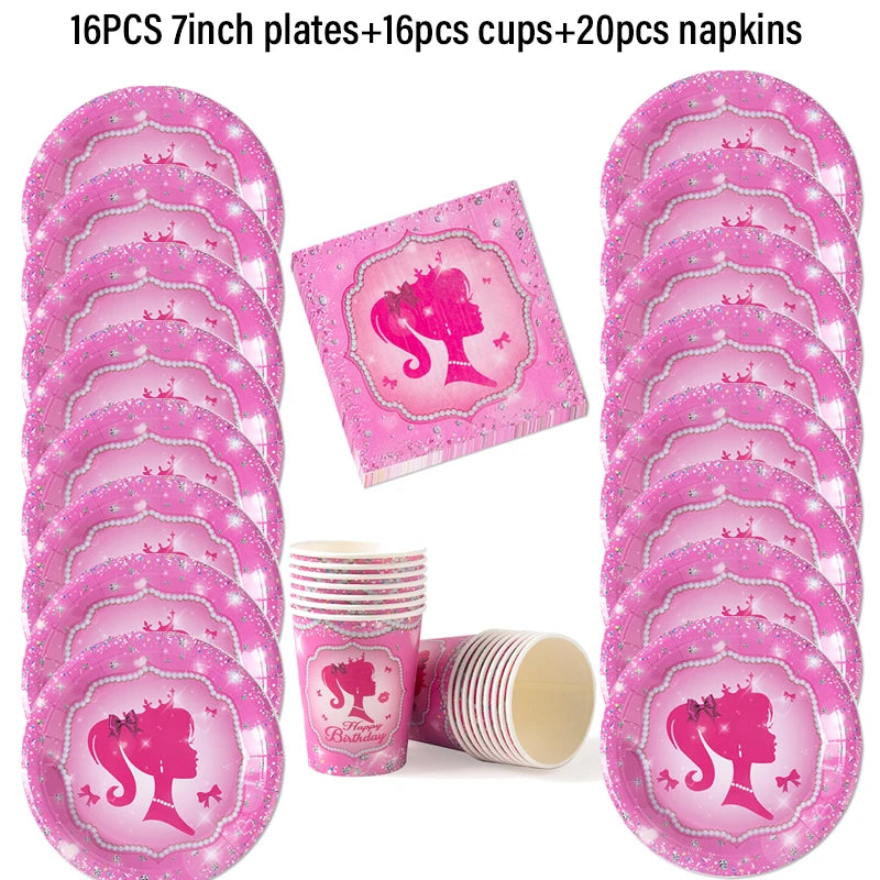 Pink Princess Party Tableware Set - Disposable Plates Cups  Napkins for Girls Birthday or Baby Shower - ZOOMNSTORE