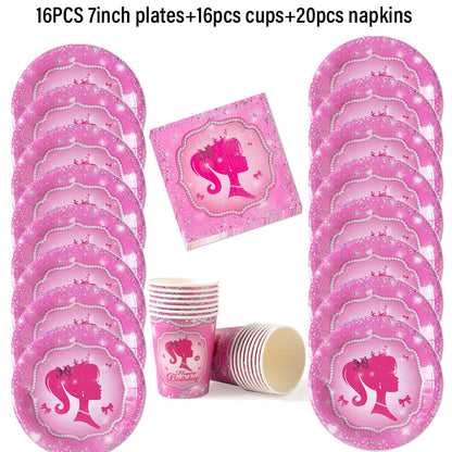 Pink Princess Party Tableware Set - Disposable Plates Cups  Napkins for Girls Birthday or Baby Shower - ZOOMNSTORE