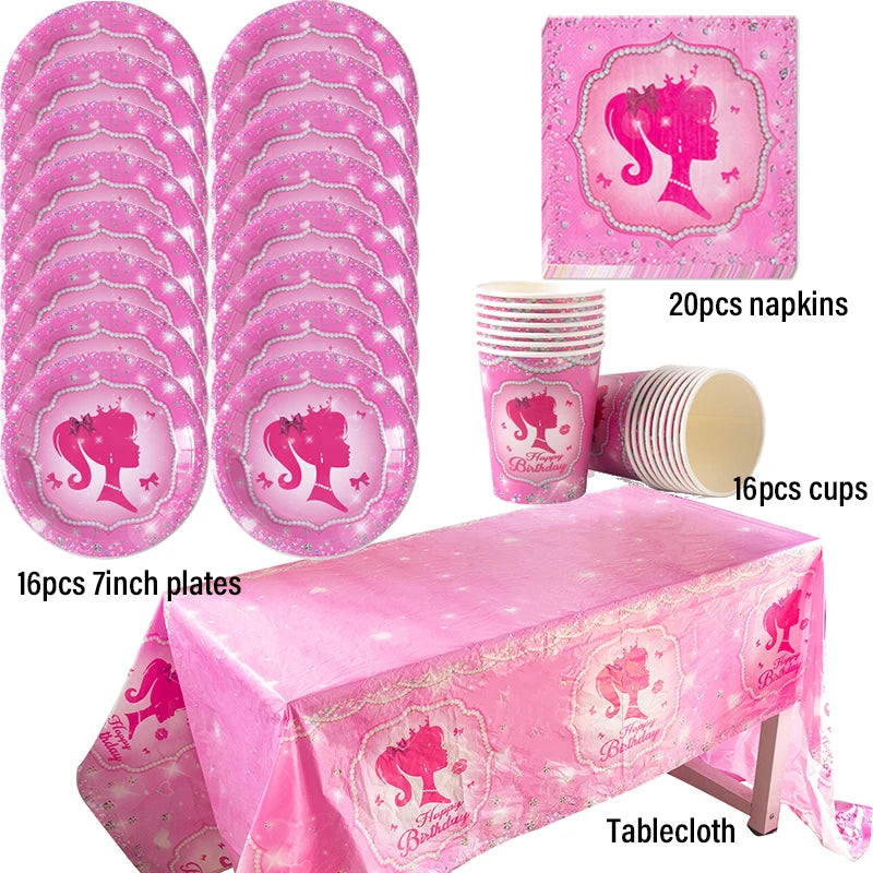 Pink Princess Party Tableware Set - Disposable Plates Cups  Napkins for Girls Birthday or Baby Shower - ZOOMNSTORE