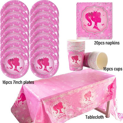 Pink Princess Party Tableware Set - Disposable Plates Cups  Napkins for Girls Birthday or Baby Shower - ZOOMNSTORE