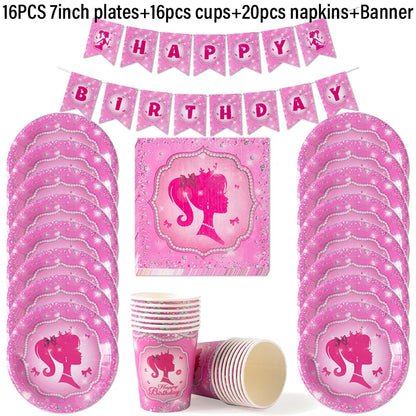 Pink Princess Party Tableware Set - Disposable Plates Cups  Napkins for Girls Birthday or Baby Shower - ZOOMNSTORE
