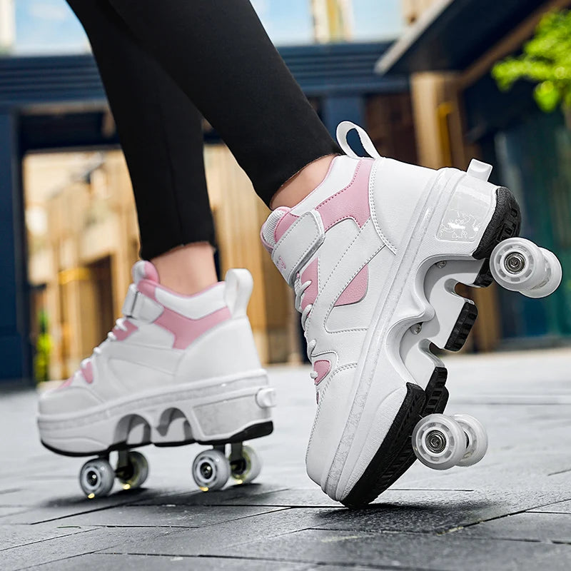Girls Roller Skate Shoes - Pink Lighted Roller Skates With Hook And Loop Closure - ZOOMNSTORE
