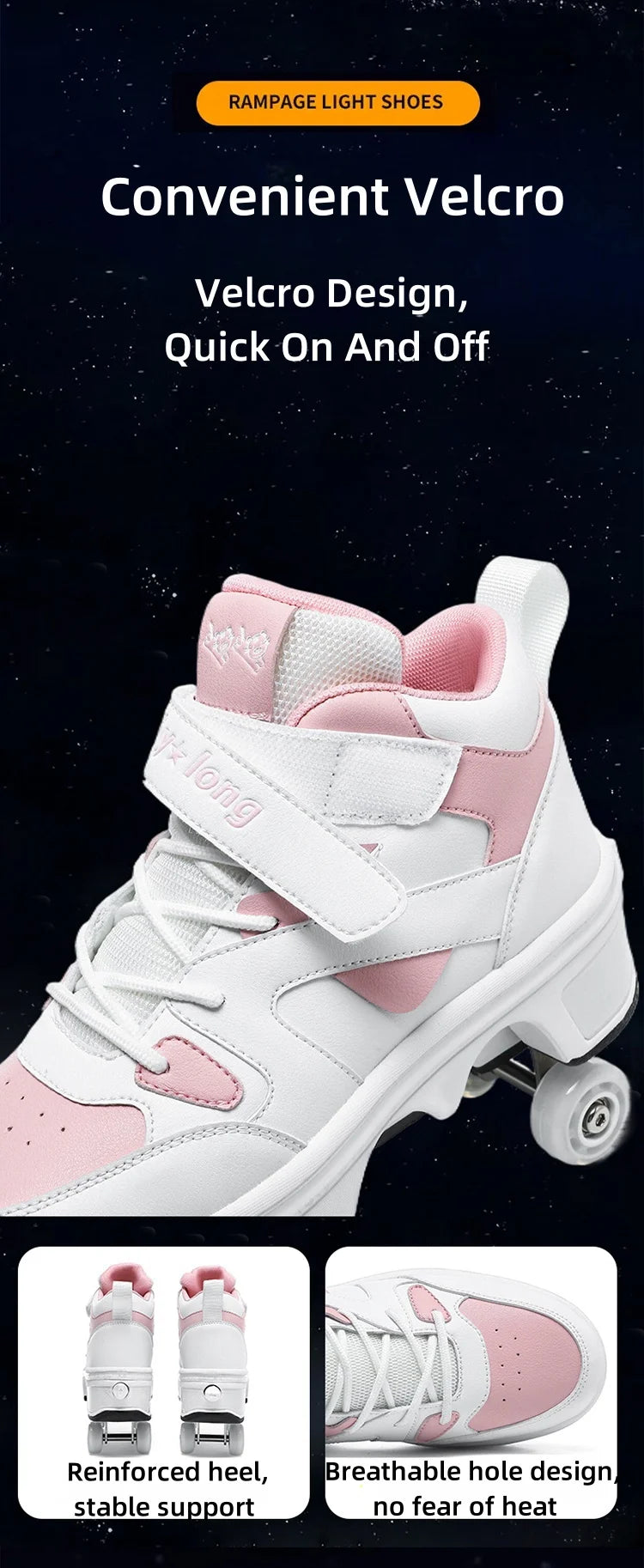 Girls Roller Skate Shoes - Pink Lighted Roller Skates With Hook And Loop Closure - ZOOMNSTORE