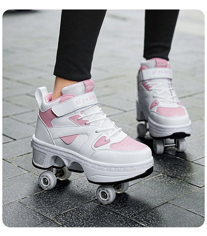 Girls Roller Skate Shoes - Pink Lighted Roller Skates With Hook And Loop Closure - ZOOMNSTORE