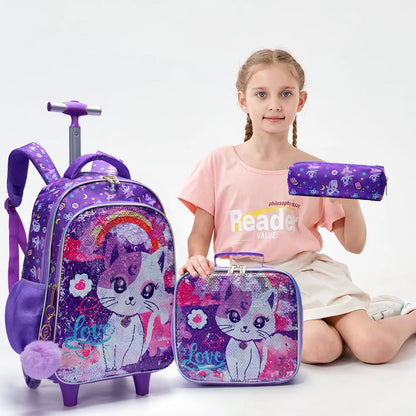 Rolling Backpack Set for Girls - Cute Cartoon Cat Wheeled Bookbag with Lunch Box  Pen Bag - ZOOMNSTORE