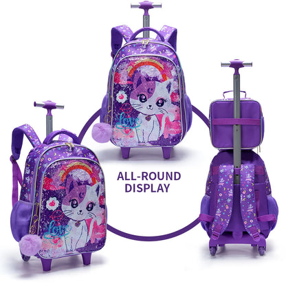 Rolling Backpack Set for Girls - Cute Cartoon Cat Wheeled Bookbag with Lunch Box  Pen Bag - ZOOMNSTORE