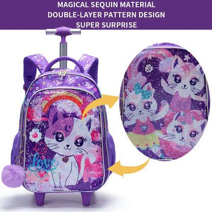 Rolling Backpack Set for Girls - Cute Cartoon Cat Wheeled Bookbag with Lunch Box  Pen Bag - ZOOMNSTORE